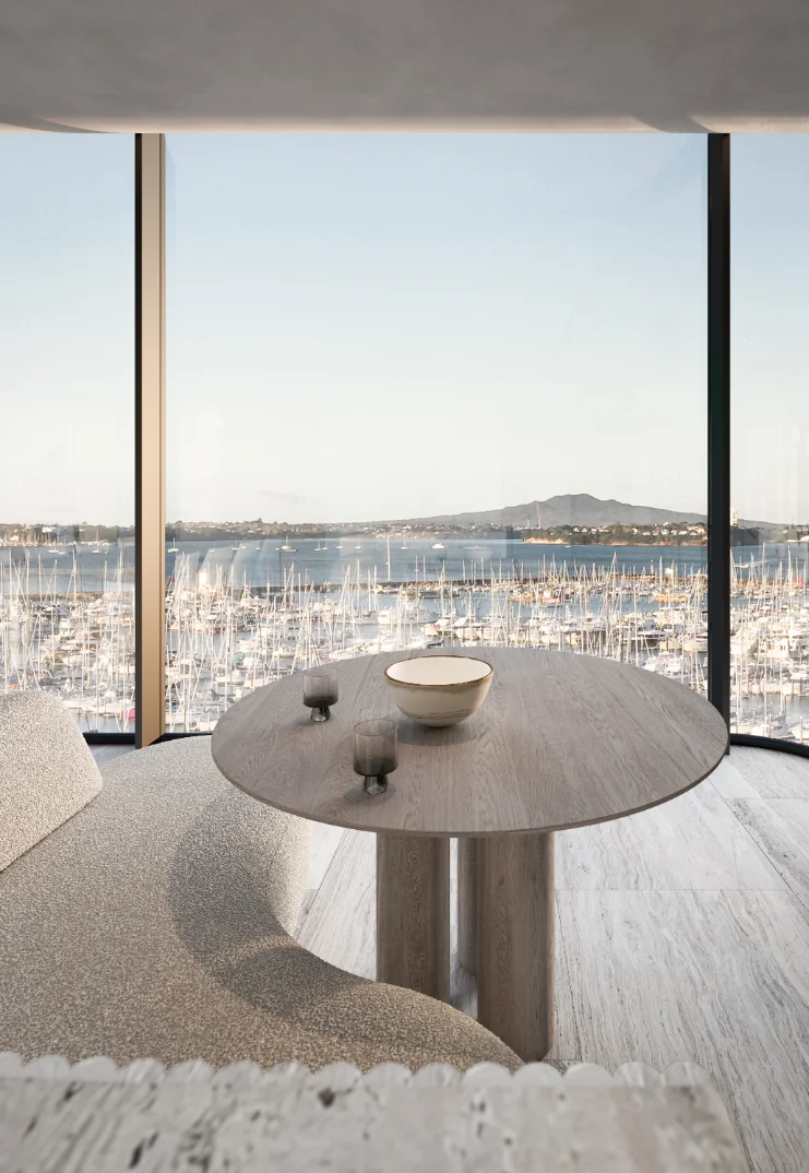 Banquette and dining table overlooking Westhaven Marina