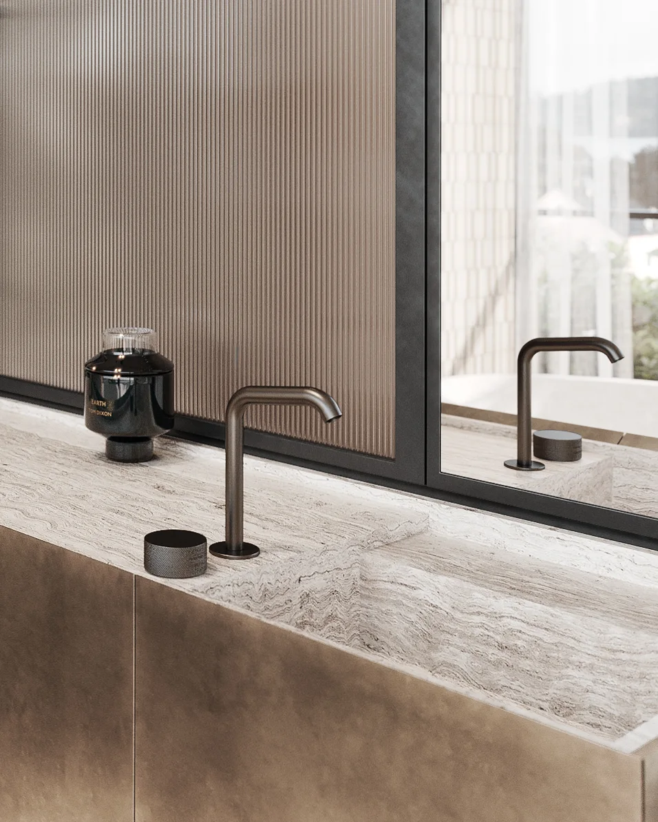Ensuite vanity in stone and bronze